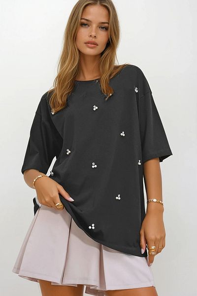 VAGGON Women's Anthracite Crew Neck Oversize Pearl and Stone Embroidered T-Shirt Prmx11964