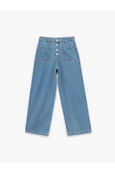 Koton Pantaloni de blugi crop din bumbac cu talie înaltă, cu picioare normale, cu nasturi - blugi cu picioare largi