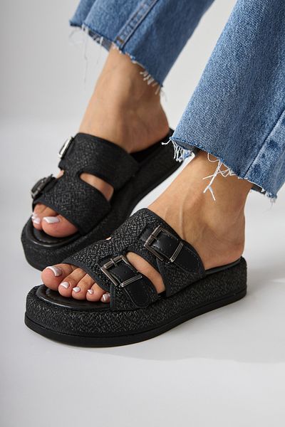 Limoya Madina Black Double Striped Belted Women's Slippers