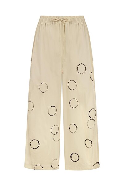 MİİN BEJ DAİRE DESEN BASKI DETAYLI BOL PAÇA PANTOLON
