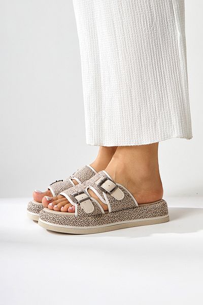 Limoya Madina Beige Double Striped Belted Women's Slippers