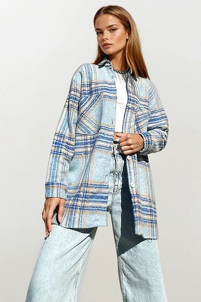 VAGGON Women's Blue-Beige Plaid Patterned Cashmere Cotton Oversize Safari Jacket Shirt Prmx10704