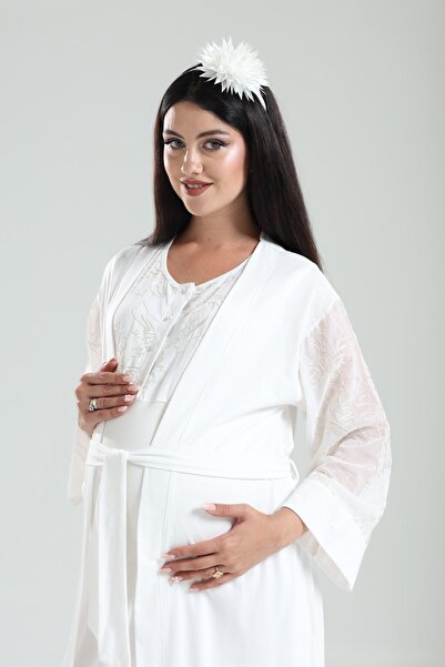 Pelin Kadın Tuba Ekru Varaklı İşlemeli Lohusa Hamile Gecelik Sabahlık Takım