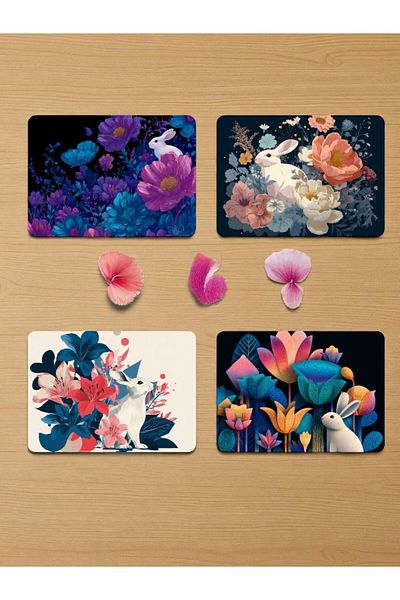 lili hediyelik Rabbit and Flower Printed Mousepad Set of 4 Mouse Pads 17X21 cm