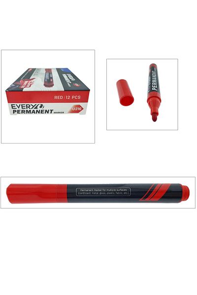 OEM Set of 12 permanent red markers with 2.5mm round tip, waterproof, smooth writing, Everyday U216