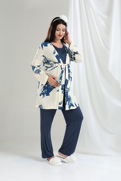 Pelin Women's Tuba Navy Blue Floral Patterned Maternity Pregnant 3-Piece Pajama Set