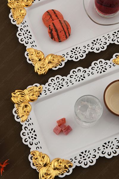 AKSESUAR EVRENİ Oro White Lace Edged Carved Detailed Rectangular 3-Piece Decorative Presentation Tray