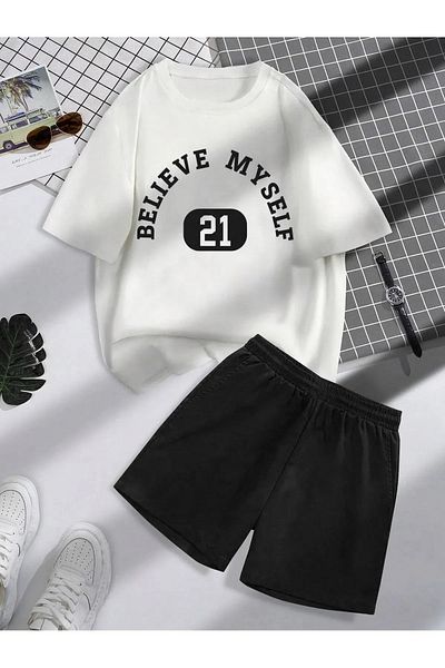 COHERENT Unisex Women/Men White Green Believe Custom Printed Shorts T-shirt Set