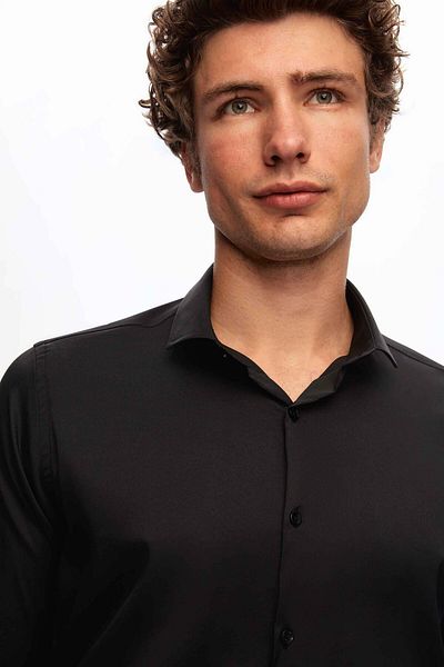 Twn Slim Fit Μαύρο Απλό Πουκάμισο