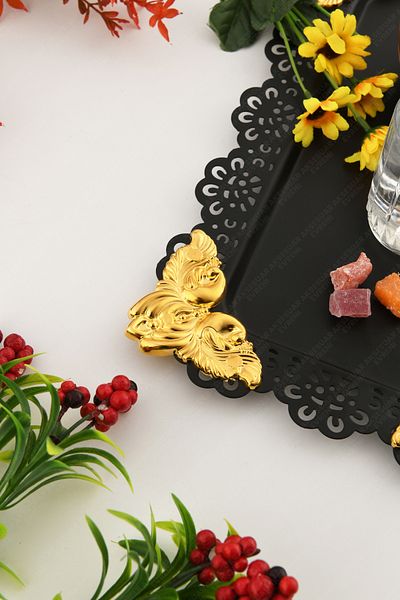 AKSESUAR EVRENİ Oro Black Lace Edged Carved Detailed Rectangular Decorative Presentation Tray