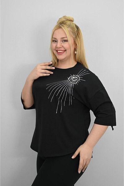 Koza Butik Women's Plus Size Short Sleeve Stone and Pearl Print Detailed Oversize T-Shirt 1925-25