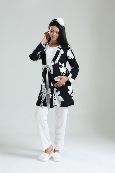 Pelin Women's Tuba Black Floral Patterned Maternity Pregnant 3-Piece Pajama Set