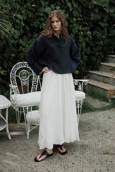 Hooopstore Μπλούζα με 100% λινό κουμπιά ντραπέ Navy Blue
