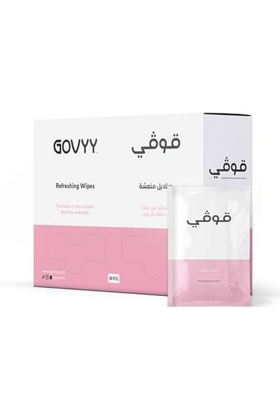 govyy Refreshing Wipes – 50 individually wrapped pink and white tissues