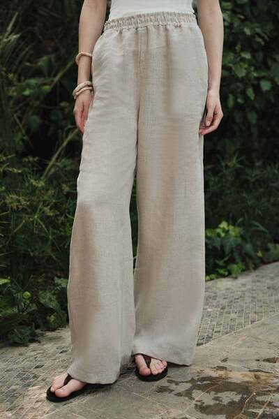 Hooopstore 100% Linen Plain Stone Trousers