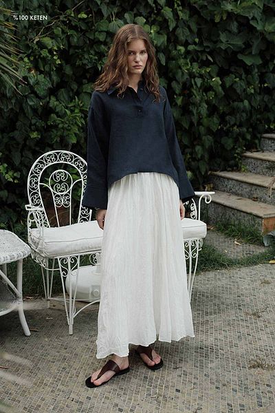 Hooopstore Μπλούζα με 100% λινό κουμπιά ντραπέ Navy Blue