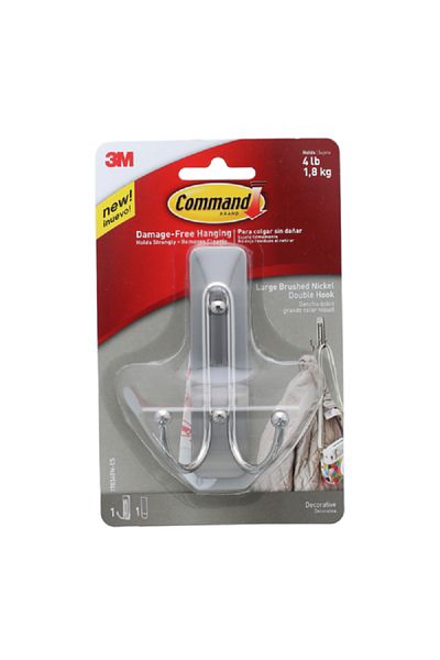 COMMAND Large Brushed Nickel Double Hook Silver 1.8kg
