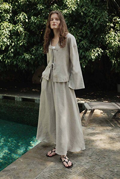 Hooopstore 100% Linen Stone Skirt with Elastic Waist