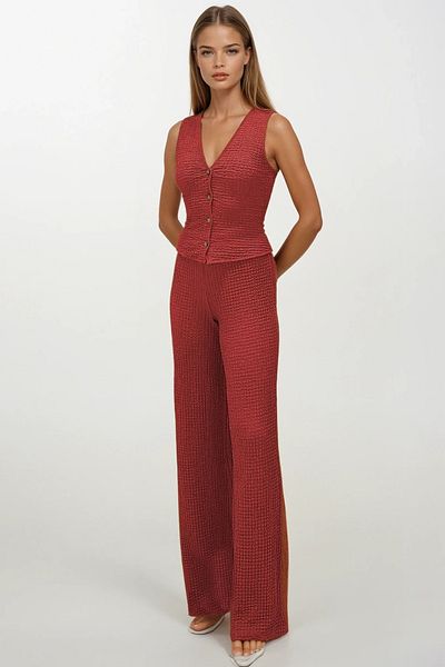 VAGGON Women's Tile V-Neck Buttoned Vest and Trousers Set Prmx13583