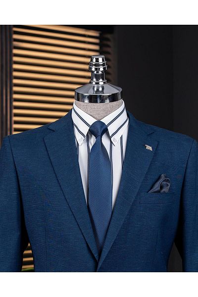 TerziAdemAltun Italian Style Slim Fit Mono Collar Men's Single Jacket Navy Blue T14306