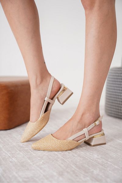 Moda Değirmeni Pantofi clasici cu toc gros din țesătură de paie de damă bej MD1001-119-0019