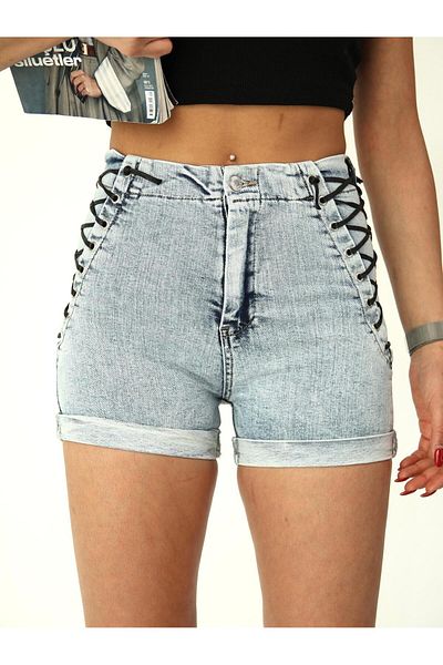 XBELLA DENİM Mini pantaloni scurți de damă cu talie înaltă, cu ochi de pasăre și detaliu de șireturi