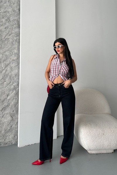 DESTEMODA Blugi Palazzo pentru femei cu efect de blugi, albastru închis 4009