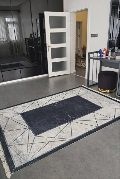 CENTER AVM Siyah Halı Salon Halısı Makinede Yıkanabilir Kaymaz Taban Halı Sal...