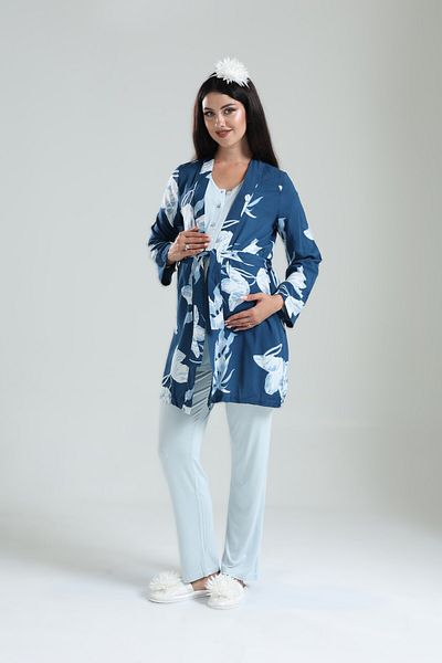Pelin Set de pijamale de maternitate pentru femei Tuba Blue Floral Pattern Maternitate 3 piese