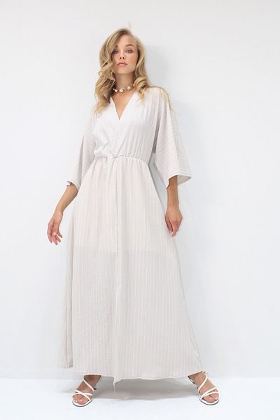 VAGGON Women's Beige Deep V-Neck Elastic Waist Striped Dress Vs00357