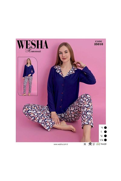 WESHA Milan Fabric Mother Pajamas Set Button-Down Shirt Collar Plus Size Battal Pajamas Set-Saks Blue