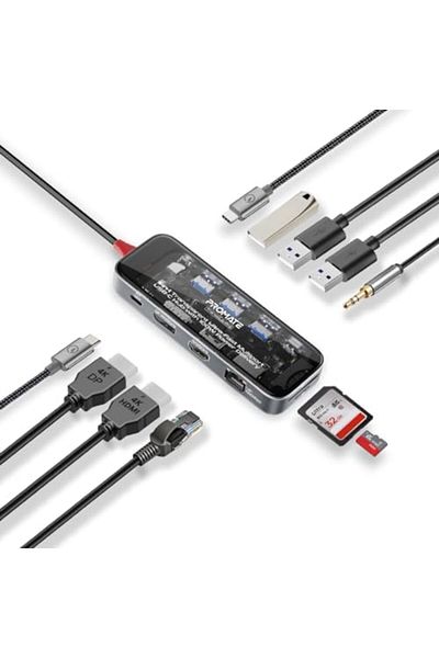 Promate USB-C™ Hub, 11-in-1 Multi-Display Hub with Dual 4K HDMI, 4K DisplayPorts, Ultra-Fast 1000M