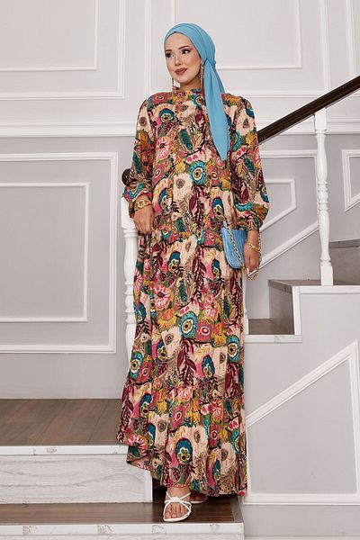 EBRUTESETTÜR Ruffle Detailed Patterned Hijab Dress