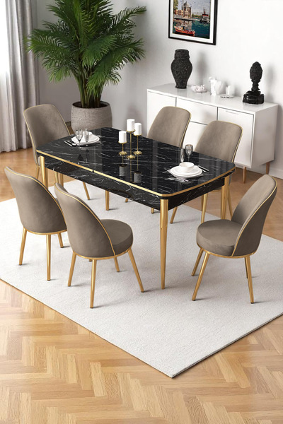 Canisa Nira Serisi 70x114 Mdf Siyah Mermer Desen Mutfak Masa Takımı 6 Cappuci...