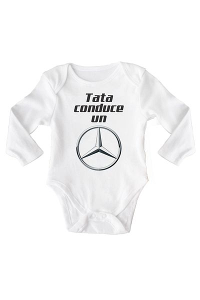 OEM Body bebe, Tata conduce un Mercedes, 0 -3 luni, maneca lunga, bonisa creativ, alb, 100% bumbac