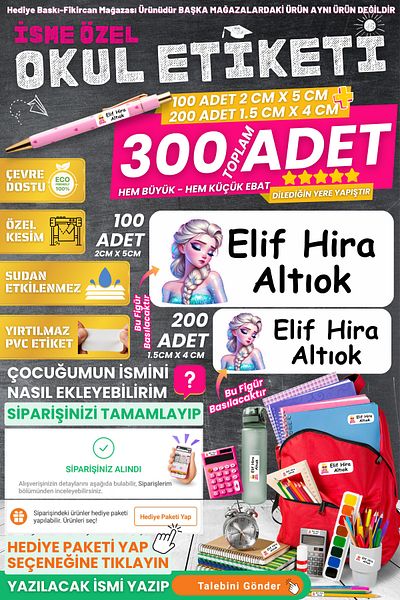 FİKİRCAN Fikircan-Name Custom School Sticker Set - Elsa 300 Pieces - Odorless Ecological Ink Pvc Sticker