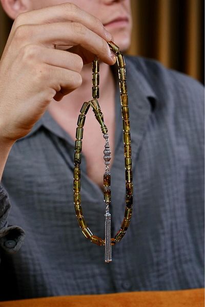 dergah tesbih Silver Design Native Master Handcrafted Fossilized Dominican Drop Amber Prayer Beads (Amber), (مسبحة قطرة كهري