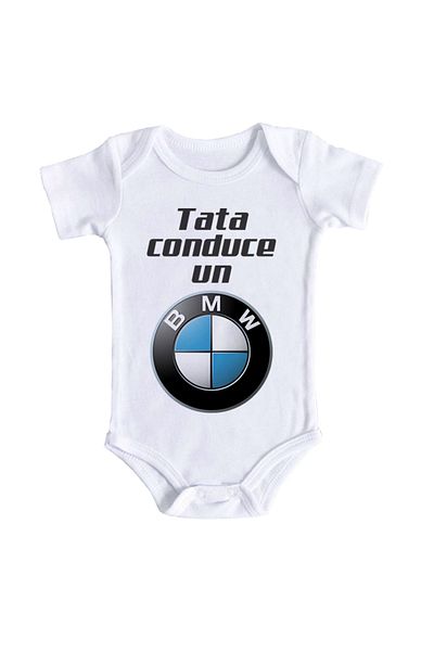 OEM Body bebe, Tata conduce un BMW, 0 -3 luni, maneca scurta, bonisa creativ, alb, 100% bumbac