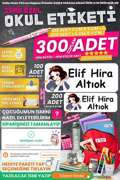 FİKİRCAN Fikircan-Name Custom School Sticker Set - Snow White 300 Pieces - Odorless Ecological Ink Pvc Sticker