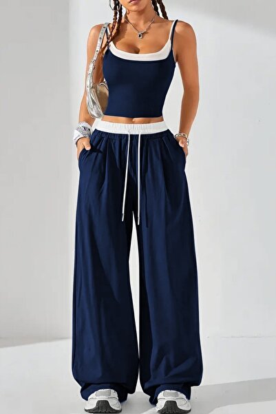 The Champ Clothing Women's Navy Blue Strap Fit Blouse and Wide Leg Pants Set – Cotton Stretch Fabric