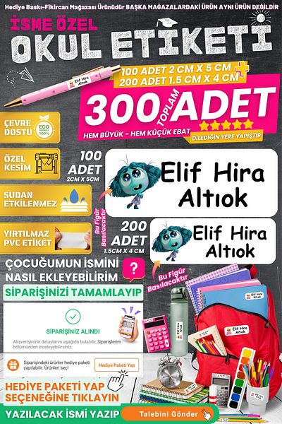 FİKİRCAN Fikircan-Name Customized School Sticker Set - Jealous 300 Pieces - Odorless Ecological Ink Pvc Sticker