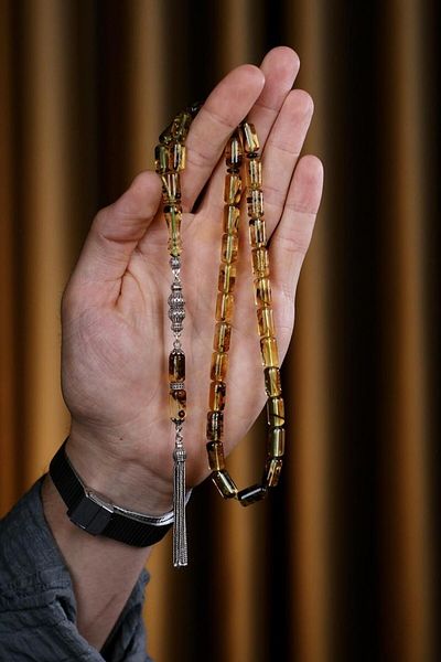 dergah tesbih Silver Design Native Master Handcrafted Fossilized Dominican Drop Amber Prayer Beads (Amber), (مسبحة قطرة كهري