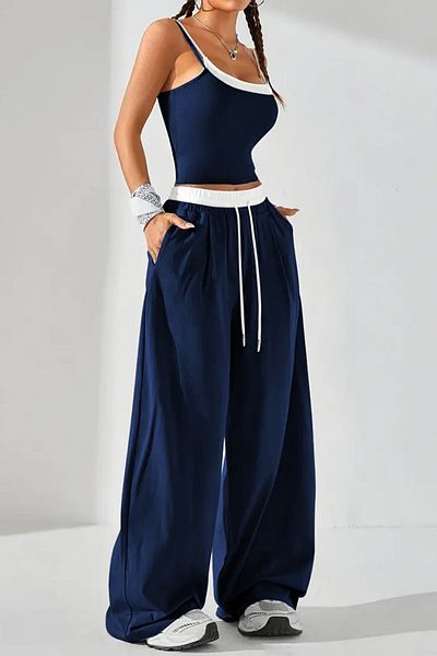 The Champ Clothing Women's Navy Blue Strap Fit Blouse and Wide Leg Pants Set – Cotton Stretch Fabric