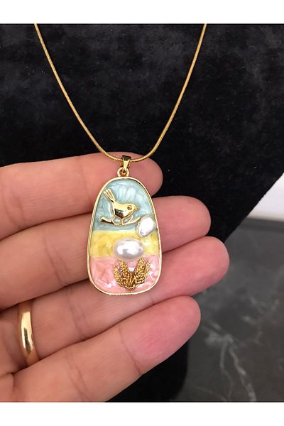 shop Mini Model Pastel Blue Yellow Pink Color Pearl Bird Detail Plate Necklace Steel
