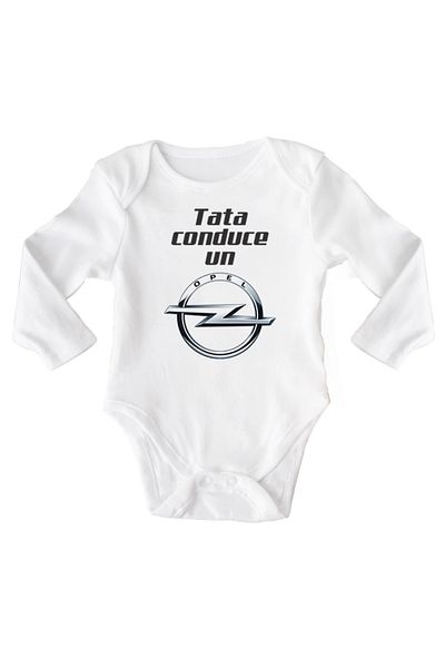 OEM Body bebe, Tata conduce un Opel, 12-18 luni, maneca lunga, bonisa creativ, alb, 100% bumbac