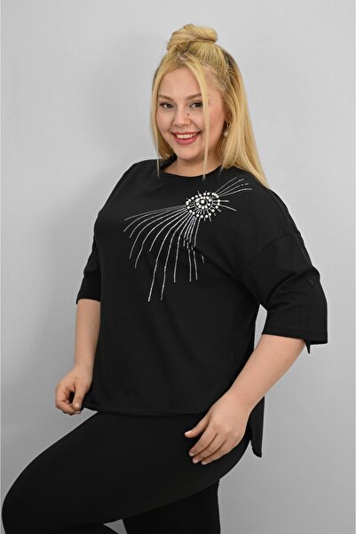 Koza Butik Women's Plus Size Short Sleeve Stone and Pearl Print Detailed Oversize T-Shirt 1925-25