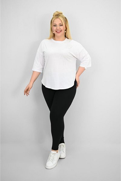Koza Butik Women's Plus Size Short Sleeve Stone and Pearl Print Detailed Oversize T-Shirt 1925-25