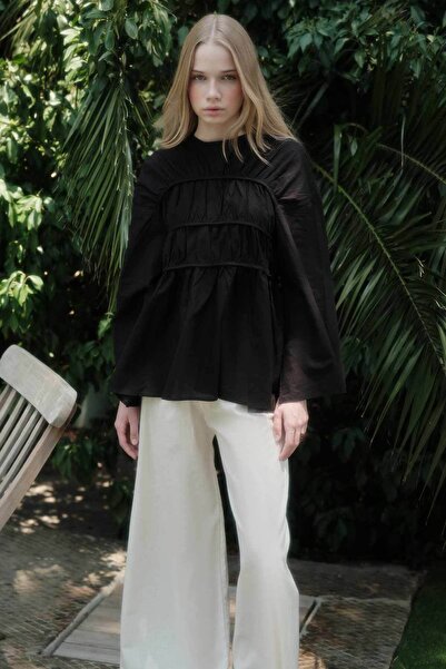 Hooopstore Voile Black Tunic with Gather Detail