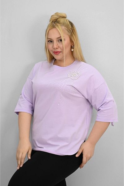 Koza Butik Women's Plus Size Short Sleeve Stone and Pearl Print Detailed Oversize T-Shirt 1925-25