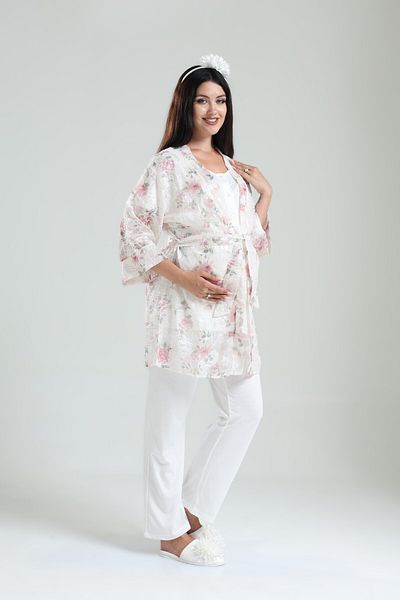 Pelin Women's Tuba Powder Embroidered Flower Patterned Maternity Pregnant 3-Piece Pajama Set